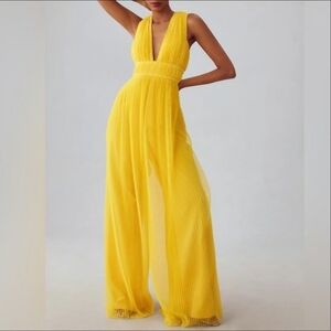 Anthropologie Hutch Pleated Tulle Wide Leg Yellow Jumpsuit Size 0 XS NWT $228